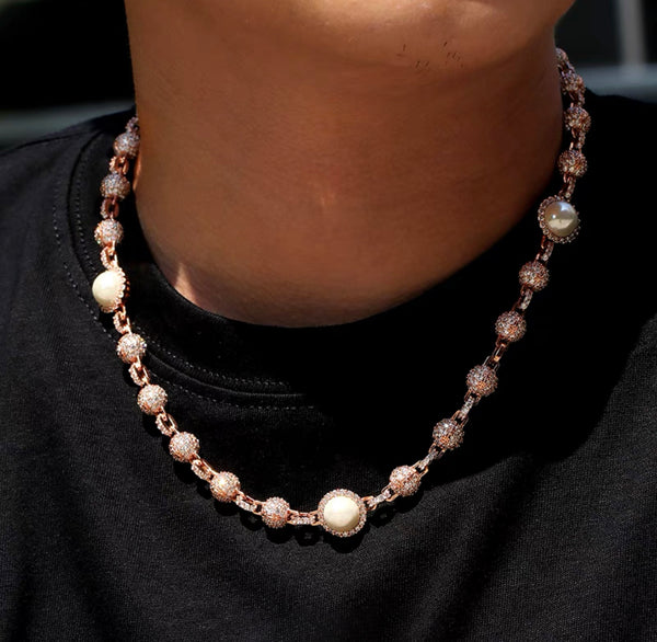 Utopia Fully iced white pearl beaded necklace chain - Rose Gold