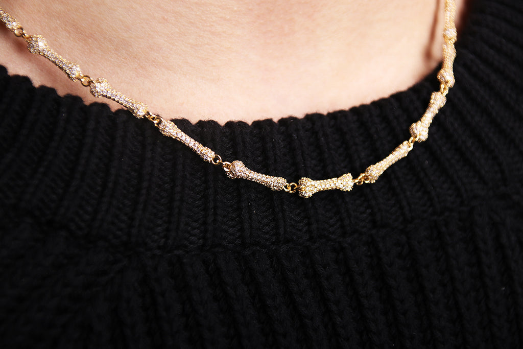 Fully Iced Bone Interlaced Necklace - Yellow Gold