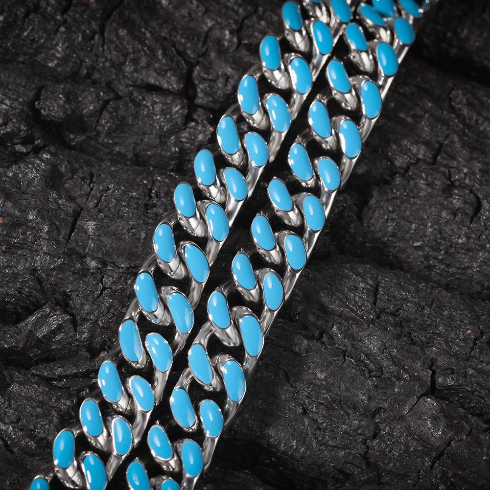 11mm Enamel Cuban Link Necklace Chain Blue/Silver 18 inch