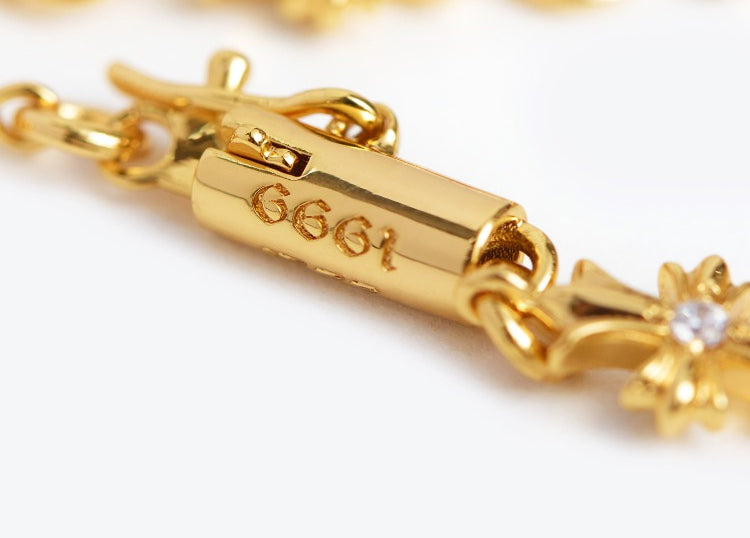 22K CH Tiny E Mini Cross Bracelet - Yellow Gold Size S