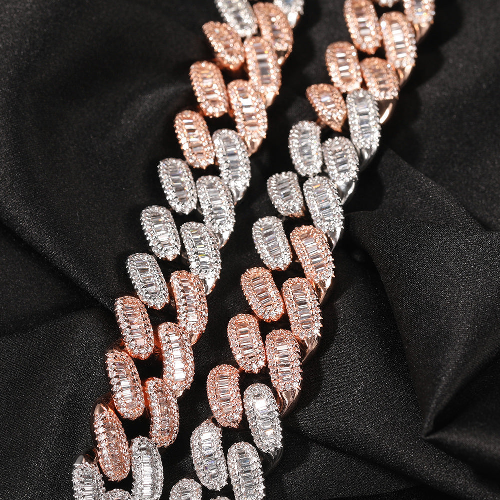 Cuban Link Chain with Diamonds and Baguettes Rose Gold